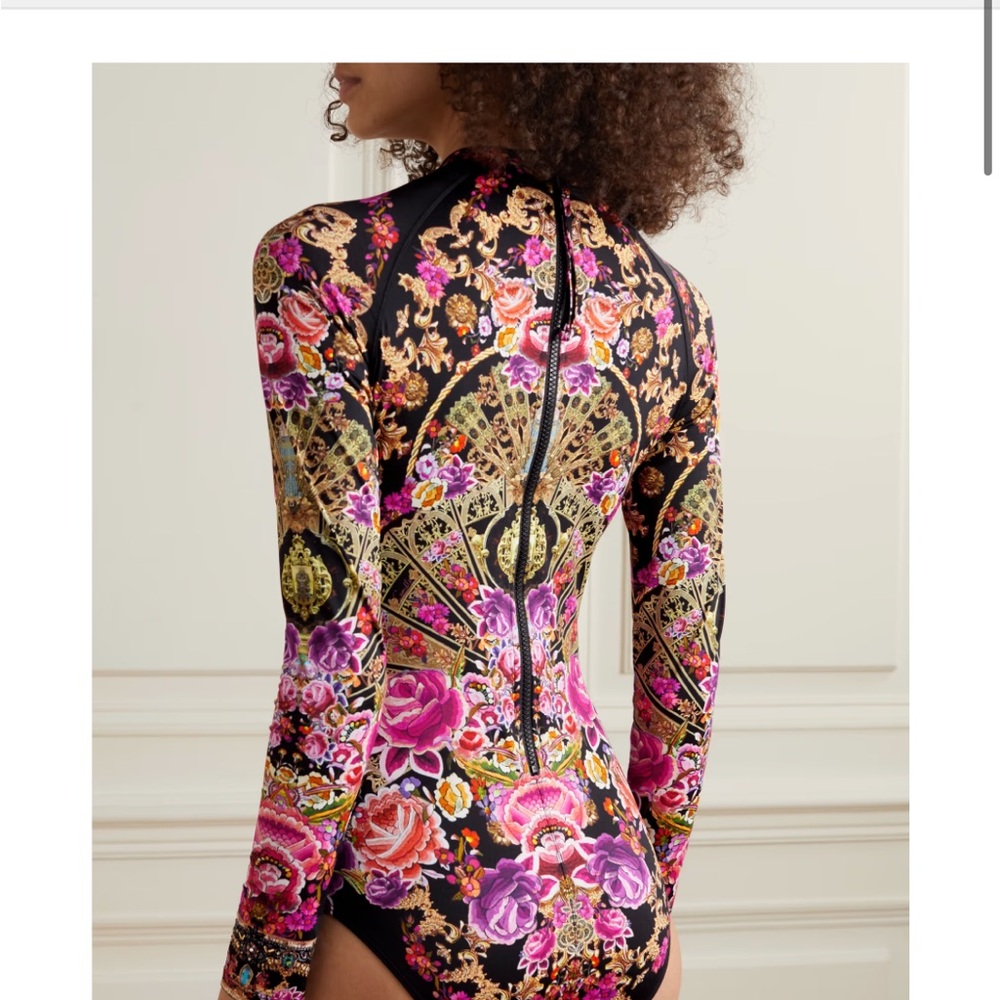 Camilla Long Sleeve Floral Print One-Piece Swimsuit in Black and Pink Size M - Picture 4 of 16